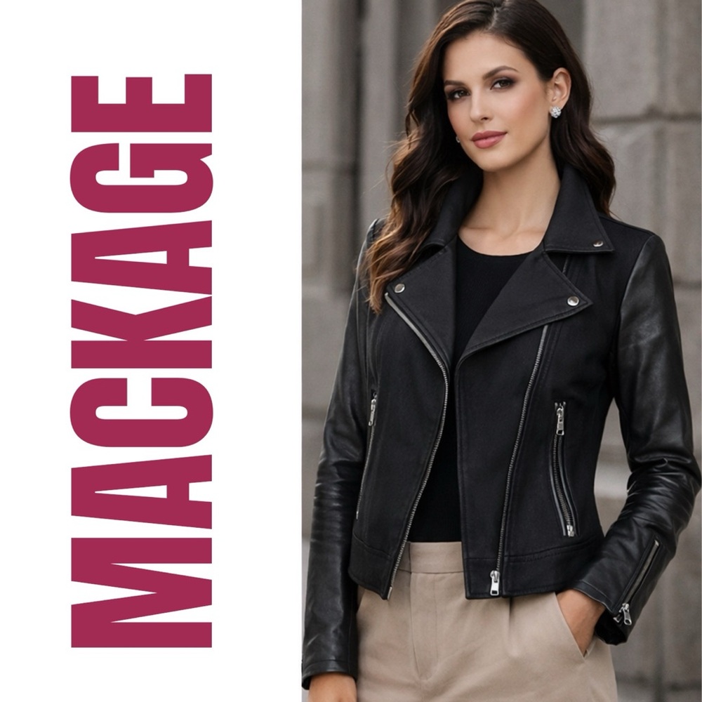 MACKAGE Andra Elevated Moto‎ Biker Jacket Black Mixed Media Denim Leather, XS